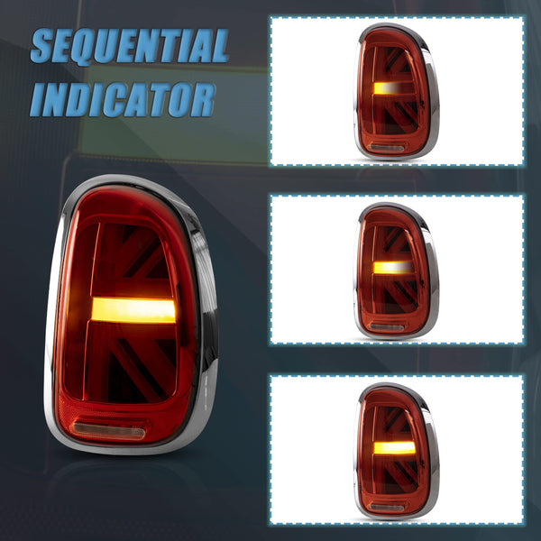 VLAND LED Tail Light Compatible with BMW Mini Cooper F55 F56 F57 2014-2021, Rear Lights with Sequential Turn Signal, Electroplated housing, Red