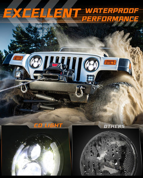 CO LIGHT 7 Inch LED Headlight Round Half Halo Angel Eyes DRL Amber Turn Signal Lights DOT and E-Mark Approved, H6024 LED Headlights with H4 H13 Adapter Compatible for Wrangler JK TJ LJ CJ, 2PCS