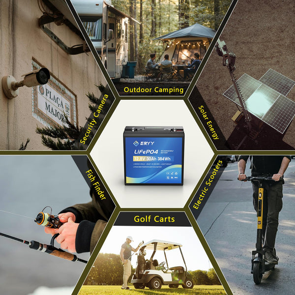 LiFePO4 Lithium Battery 12V 30Ah, Built-in 30A BMS & LCD Voltmeter, 5000+ Cycles, Lightweight Rechargeable Leisure Lithium Iron Phosphate Battery for RVs, Camping Gear, Trolling Motor, Solar