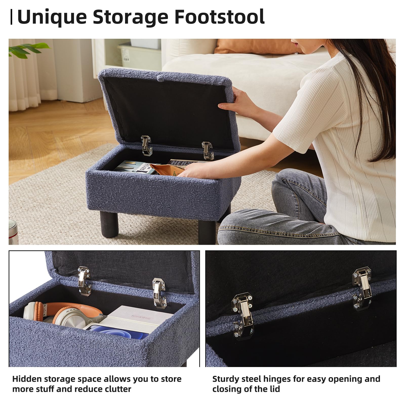 Aibiju Small Footstool Ottoman with Storage, Faux Teddy Fur Ottoman Pouffe Stool Change Shoe Footrest with Wood Legs for Living Room Bedroom, Blue