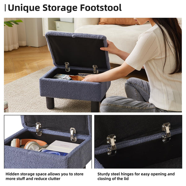 Aibiju Small Footstool Ottoman with Storage, Faux Teddy Fur Ottoman Pouffe Stool Change Shoe Footrest with Wood Legs for Living Room Bedroom, Blue