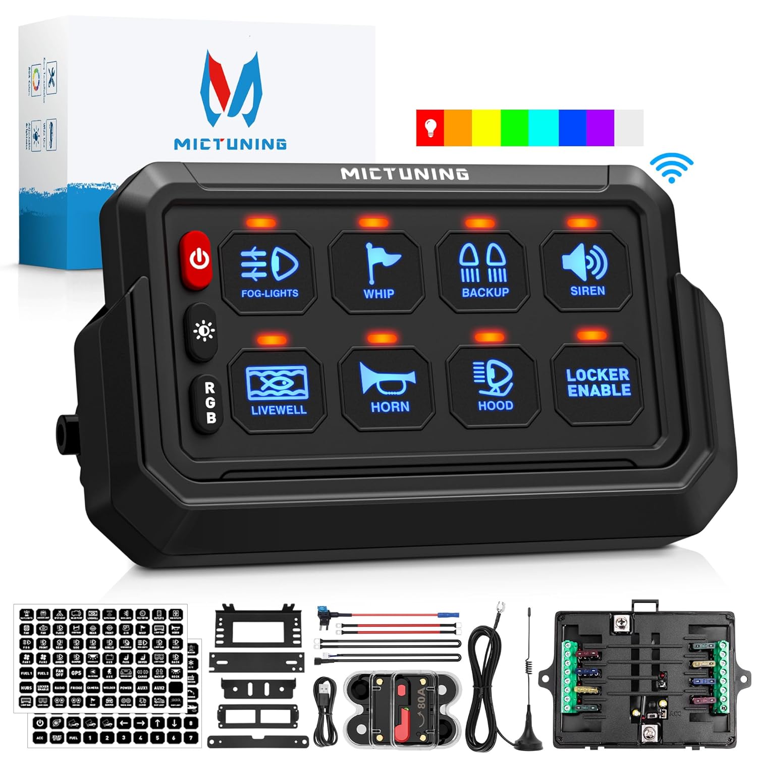 MICTUNING P1s Wireless RGB 8 Gang Switch Panel, Remote Control Range Up to 165FT Plug and Play Multifunction Toggle Momentary Strobe Circuit Control Relay System Box for Off Road Truck SUV UTV RV