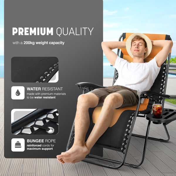 KEPLIN Set of 2 XXL Premium Heavy Duty Padded Zero Gravity Chairs - Luxurious Garden Recliners, Adjustable Headrest, Cup & Phone Holder, Foldable, Easy to Clean Patio Sun Loungers(Black)