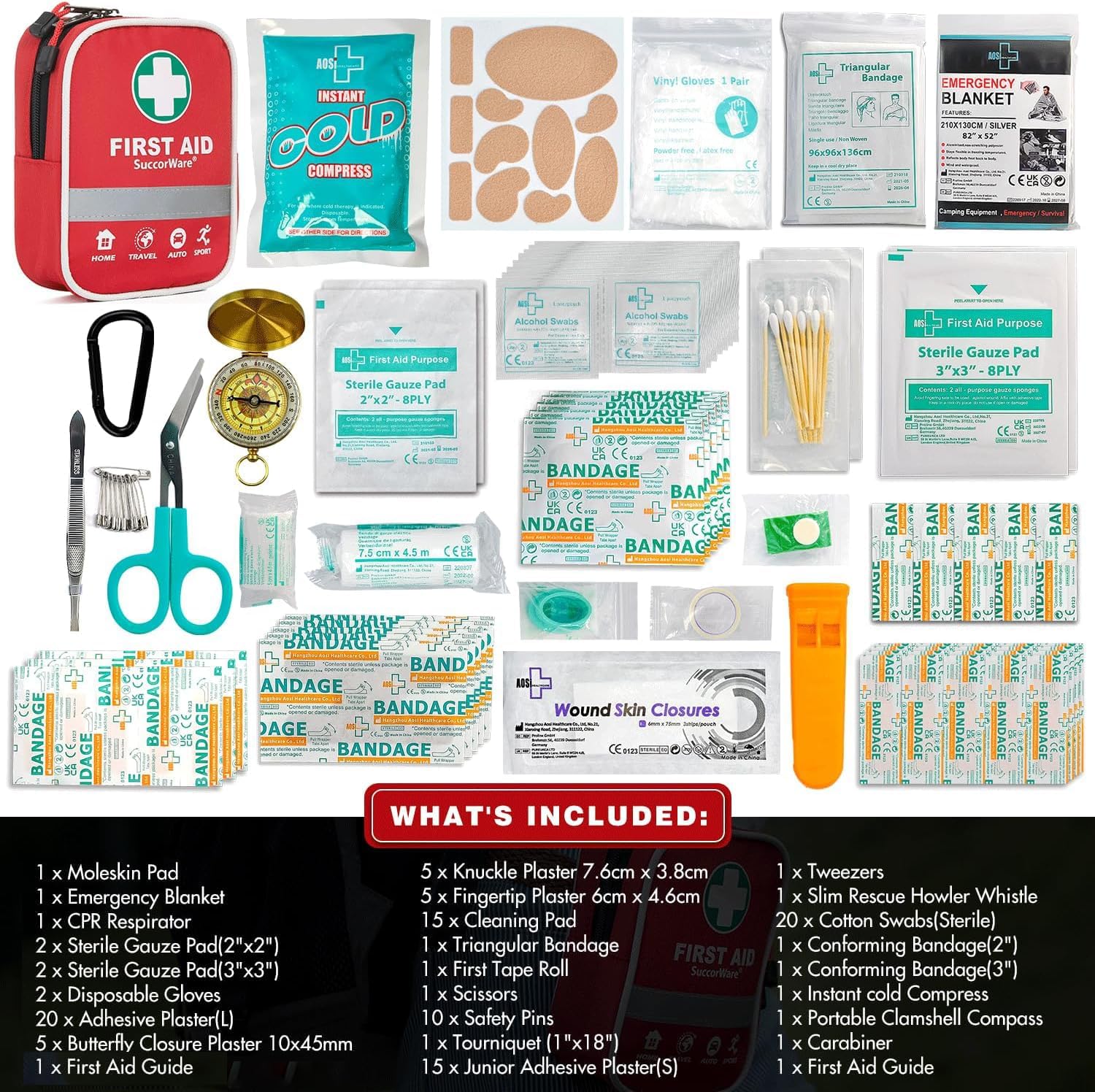 130 Pieces First Aid Kit with Hospital Grade Medical Supplies - Includes Emergency Blanket, Bandage - Great for Home, Outdoors, Office, Car, Travel, Camping, Hiking, Boating