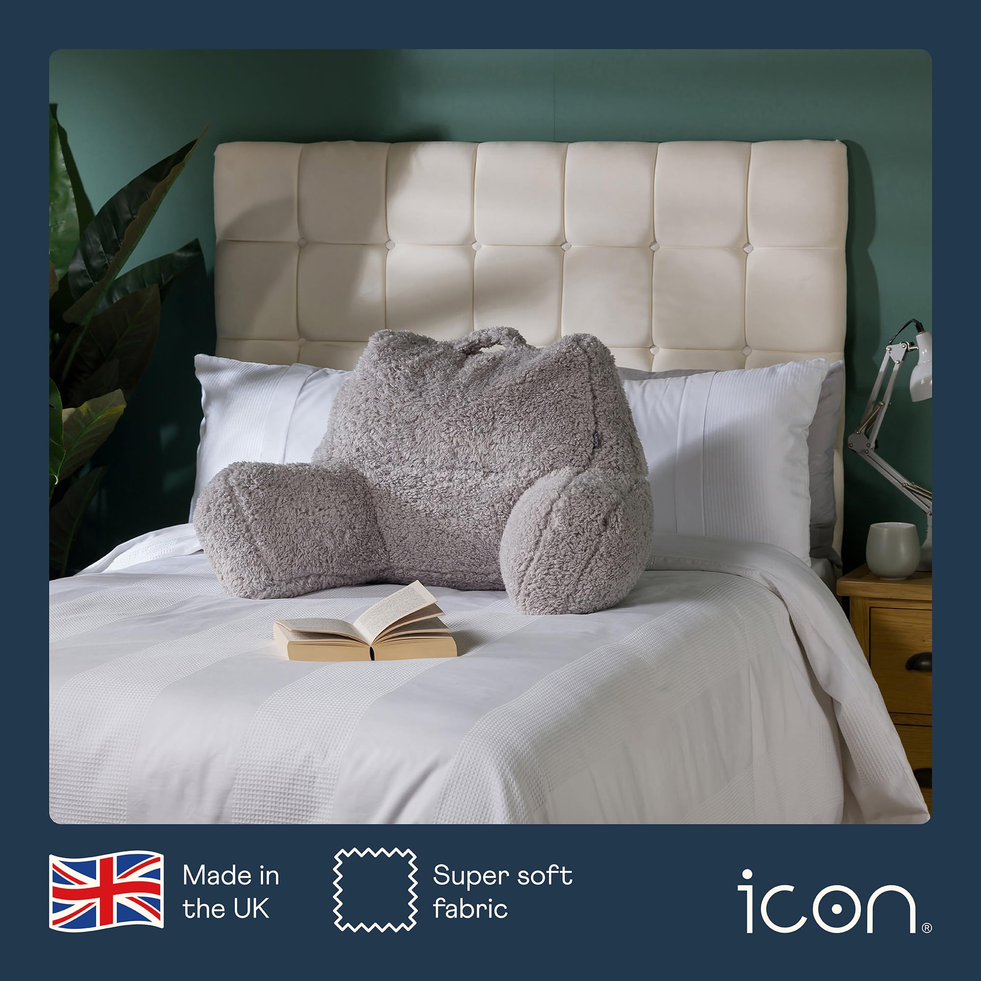 icon Teddy Bear Fluffy Fleece Cuddle Cushion, Grey, Reading Pillow, Back Support Cushion, Back Support Pillow for Bed with filling included, Ideal as