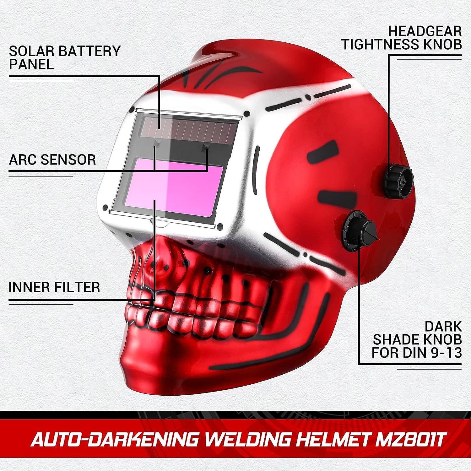 DEKO Welding Helmet Auto Darkening: True Color Solar Powered Auto Darkening Welding Helmets Welder Mask Hood (Skull Design)