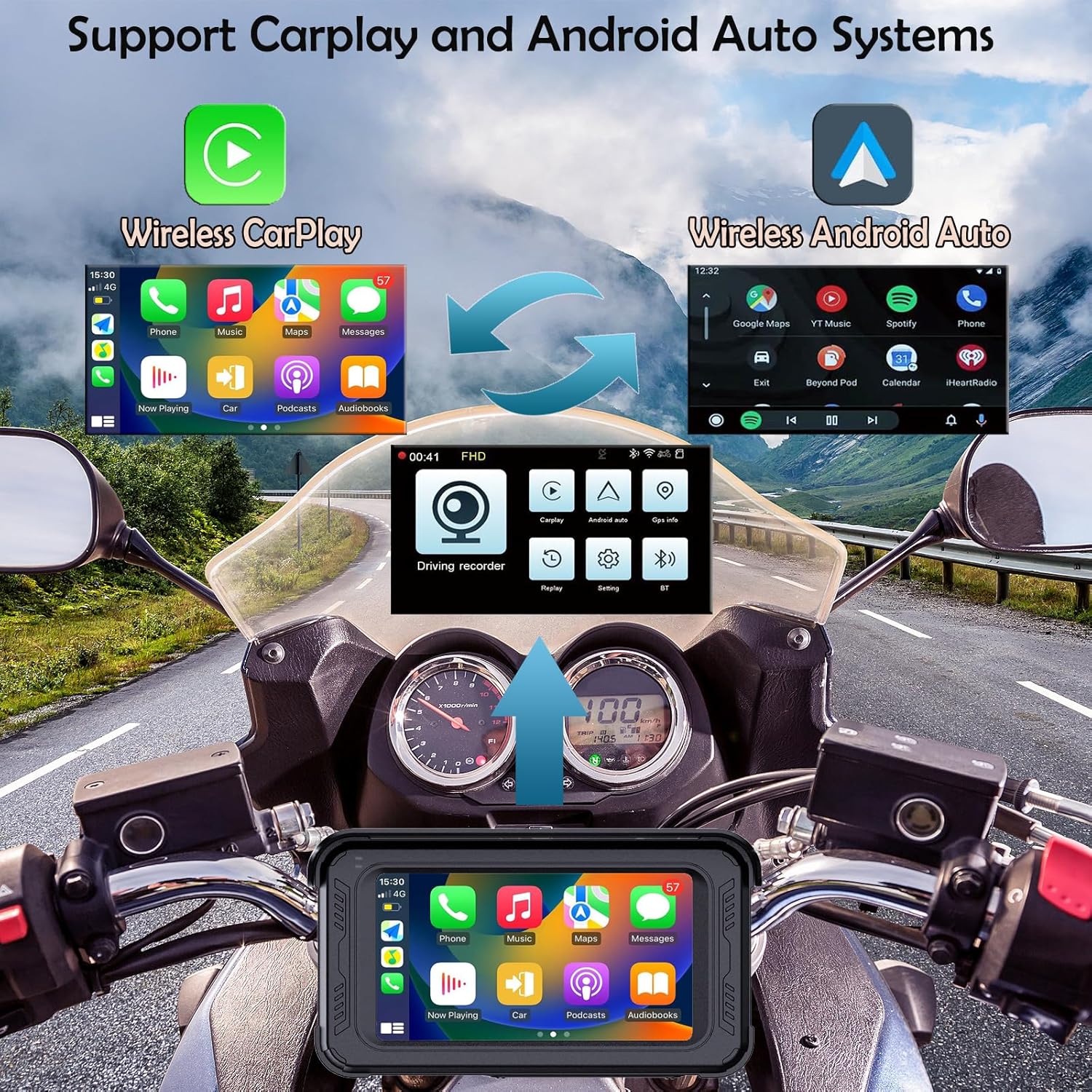 Waterproof Motorcycle Dash Cam with Wireless CarPlay & Android Auto, 5'' IPS Touch Screen, Front and Rear Camera HD 1080P, TPMS, Bluetooth, Wi-Fi, GPS, Max up to 256GB