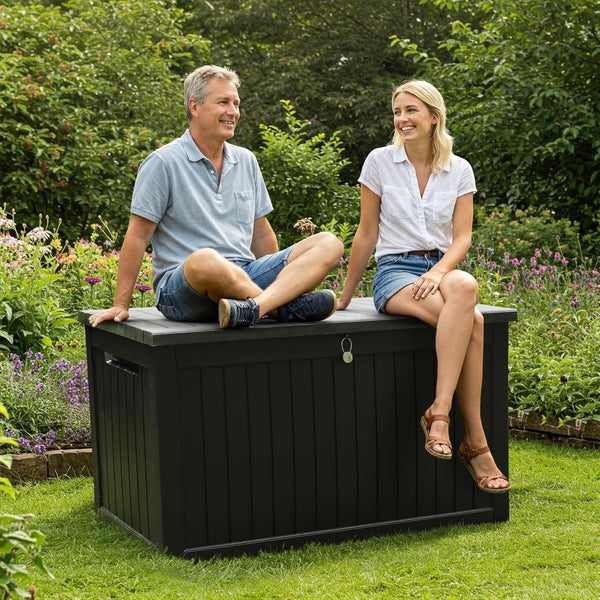 Olsen & Smith 680L Large Garden Storage Box - Weather Resistant Heavy Duty Garden Box with Padlock & Wood Effect - Huge Capacity Outdoor Storage Chest for Tools, Cushions, Toys & More (Anthracite)