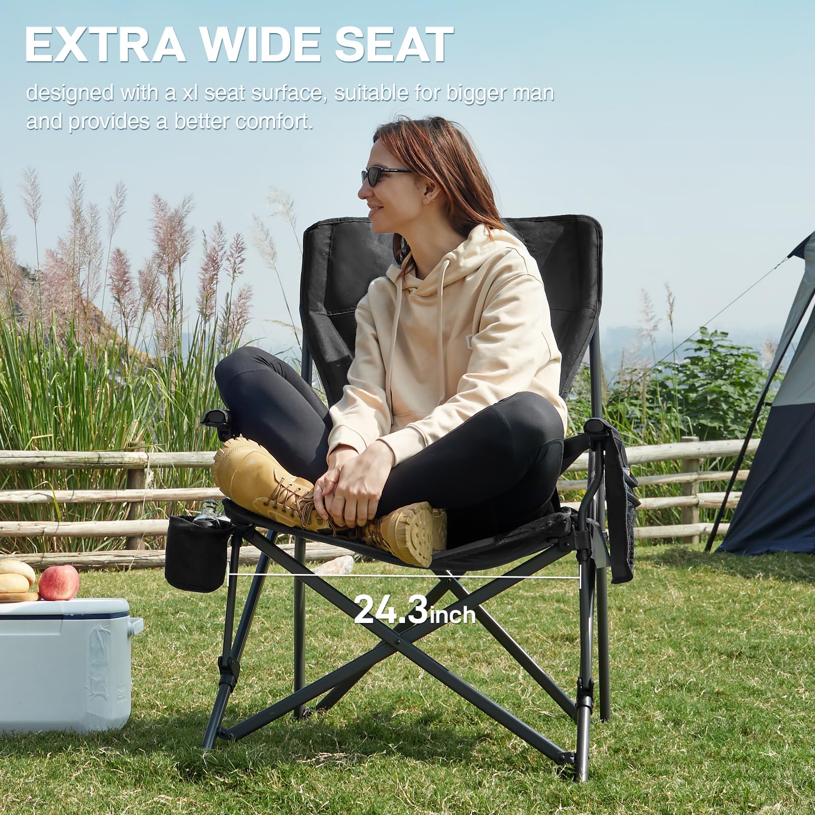 EVER ADVANCED Camping Chair for Adults Oversized 230KG, Folding Chair for Heavy People with Side Pocket, Heavy Duty Extra Wide with Hard Armrest Foldable Garden Fishing Outdoor Fold up