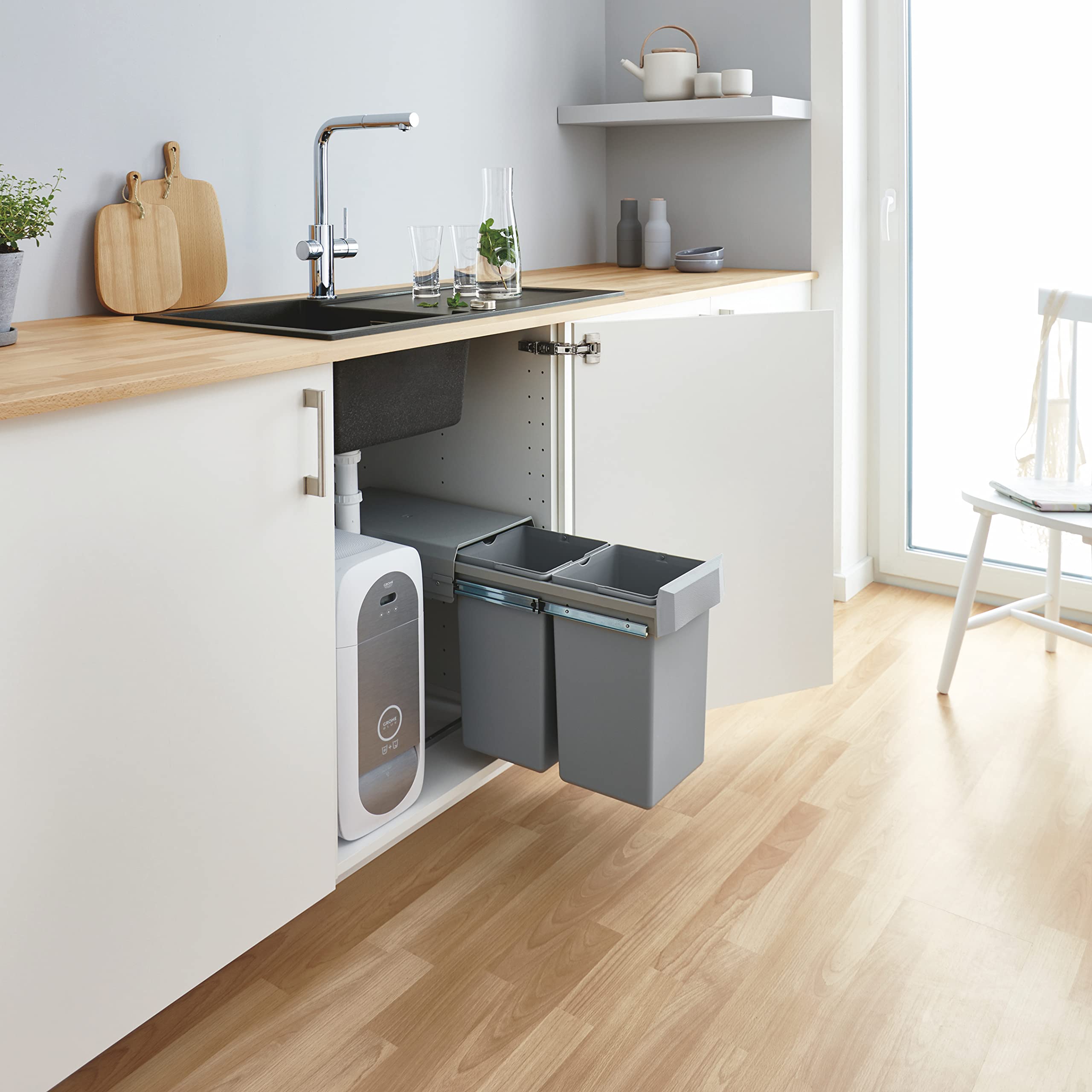 GROHE Kitchen Waste System - 2 Bins (15L Each), Telescopic Action, Floor Mounted for Cabinets 30 cm or Wider, Fits with GROHE Blue Home and GROHE Red