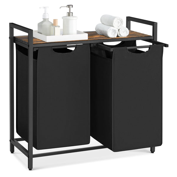 VASAGLE Laundry Basket, Laundry Hamper, Pull-Out and Removable Liner Bag, Shelf, Metal Frame, 65 L, 50 x 33 x 72 cm, Ink Black and Rustic Brown BLH101B01