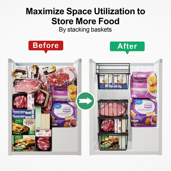 iSPECLE 4 Pack Freezer Organiser - 3 Pack Stackable Chest Freezer Baskets and 1 Pack Hanging Freezer Storage Baskets for 142L Chest Freezer Add Space