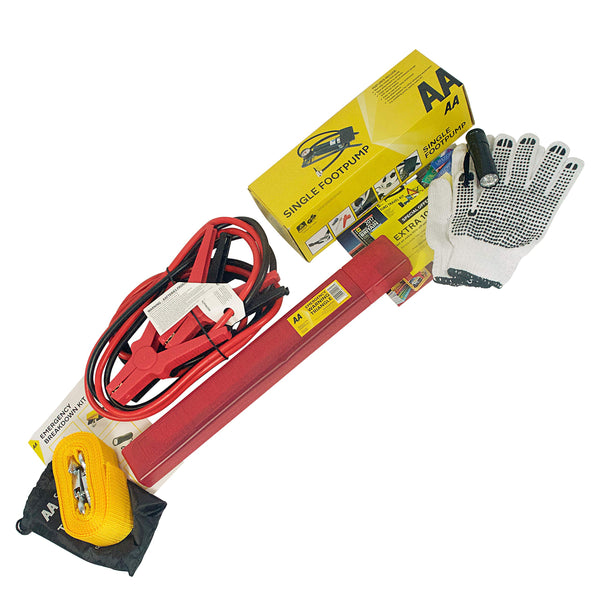 AA Vehicle Breakdown Safety Kit Plus AA5618 – Tyre Inflator, Warning Triangle, Tow Rope, Hi-Vis Vest, Torch, Glass Hammer, Booster Cables, Storage Bag