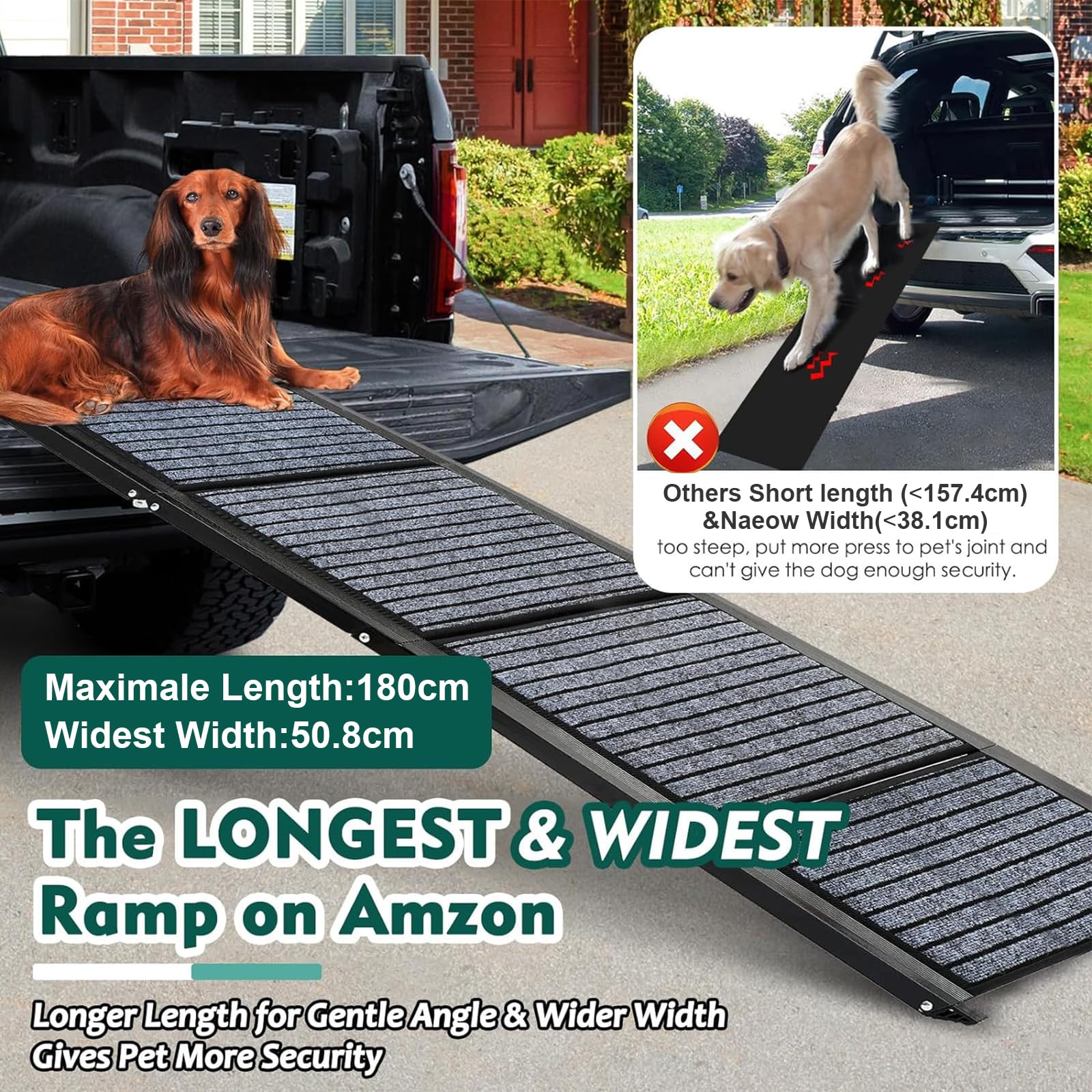 170cm Long Dog Ramp for Cars,43cm Wide Folding Dog Ramp for Large Dogs with High Traction Carpet Surface,Non-slip for Truck,SUV,Portable Pet Ramp Stairs for Medium Large Dog Up to 100kg