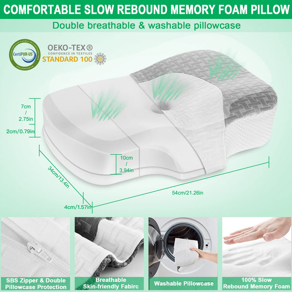 Elviros Cervical Memory Foam Neck Pillow for Side Sleeping, Orthopedic Pillows for Back and Stomach Sleepers, Adjustable Ergonomic Bed Pillow Pain Relief (White)
