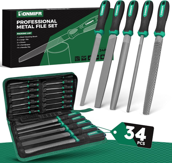 Tonmifr Professional Metal File Set 34Pcs Industrial Grade High Carbon Steel,5 Shapes (Flat/Half Round/Round/Triangle/Square) for Hardened Steel, Metalworking Tools with Storage Case,14 Needle Files
