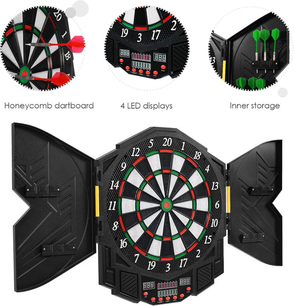 GYMAX Electronic Dart Board Set, Professional Hanging Dartboard with 12 Soft Tip Darts, Cabinet and LED Display, Aileron Target Dartboards for Kids Adults