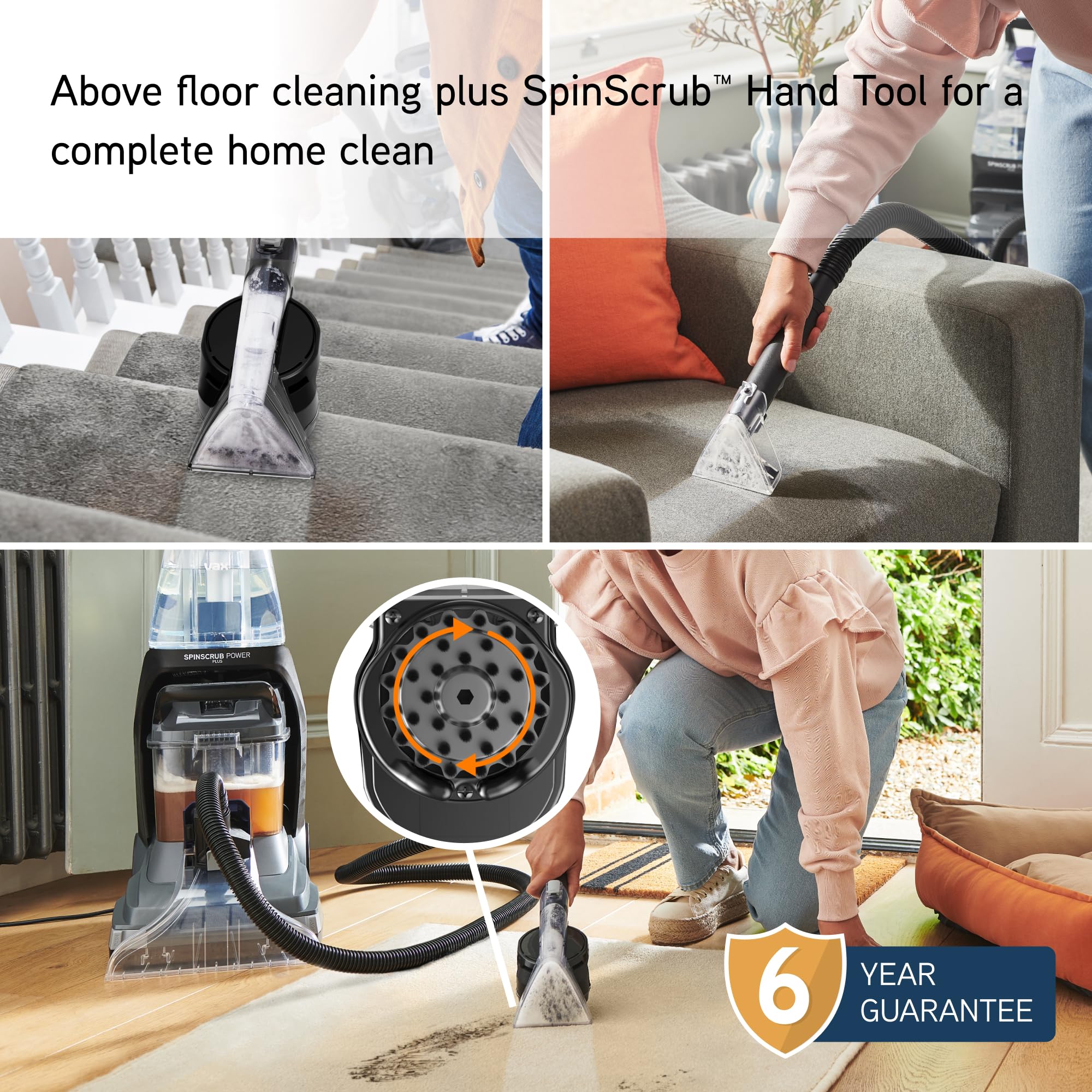 Vax SpinScrub Power Plus Carpet Cleaner, Carpet Cleaning Machine, Stain Remover, 6 Year Guarantee, XL Capacity, Quick Dry Time, Deep Clean, Grey/Navy Blue, CDCW-SSXA