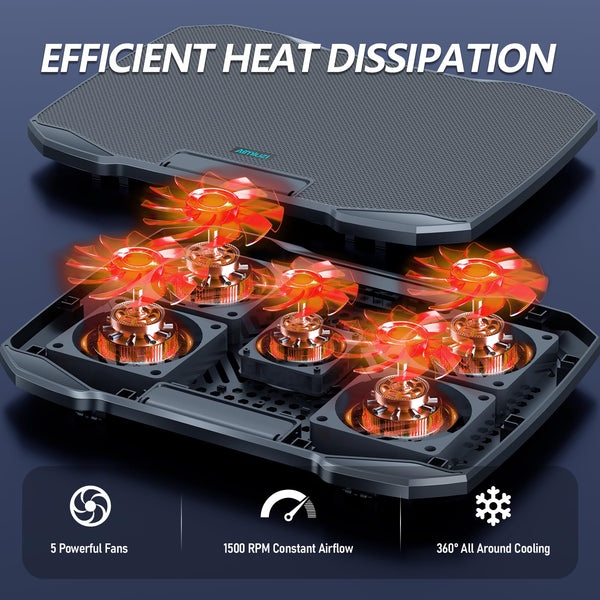 AIMIUZI Laptop Cooling Pad, Laptop Cooler for 12-15.6 Inch Notebooks, Laptop Cooling Stand with 5 Quiet Fans, 5 Height Adjustable, 2 USB Ports, Phone Stand (Black)