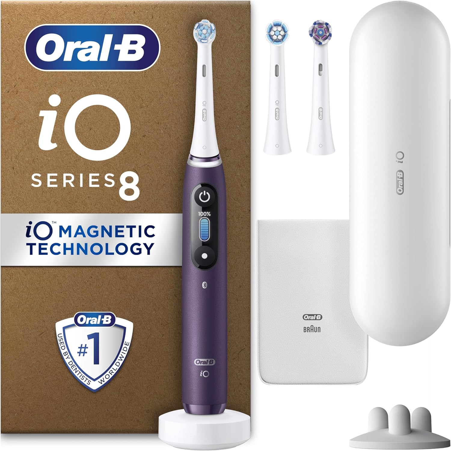 Oral-B iO8 Electric Toothbrushes For Adults, App Connected Handle, 3 Toothbrush Heads, Travel Case & Toothbrush Head Holder, 6 Modes, 2 Pin UK Plug, Violet