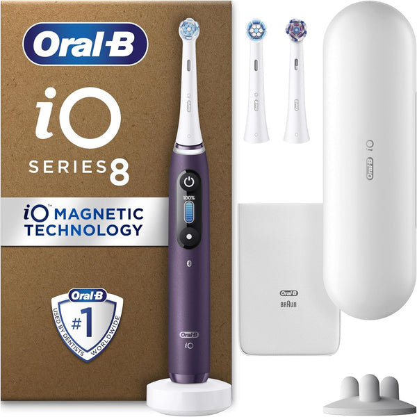 Oral-B iO8 Electric Toothbrushes For Adults, App Connected Handle, 3 Toothbrush Heads, Travel Case & Toothbrush Head Holder, 6 Modes, 2 Pin UK Plug, Violet