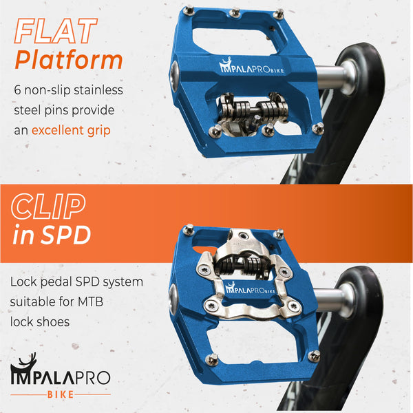 IMPALAPRO - Dual Function Bicycle Pedals 9/16'' Compatible with Shimano - Flat and SPD Clipless Pedals (Blue)