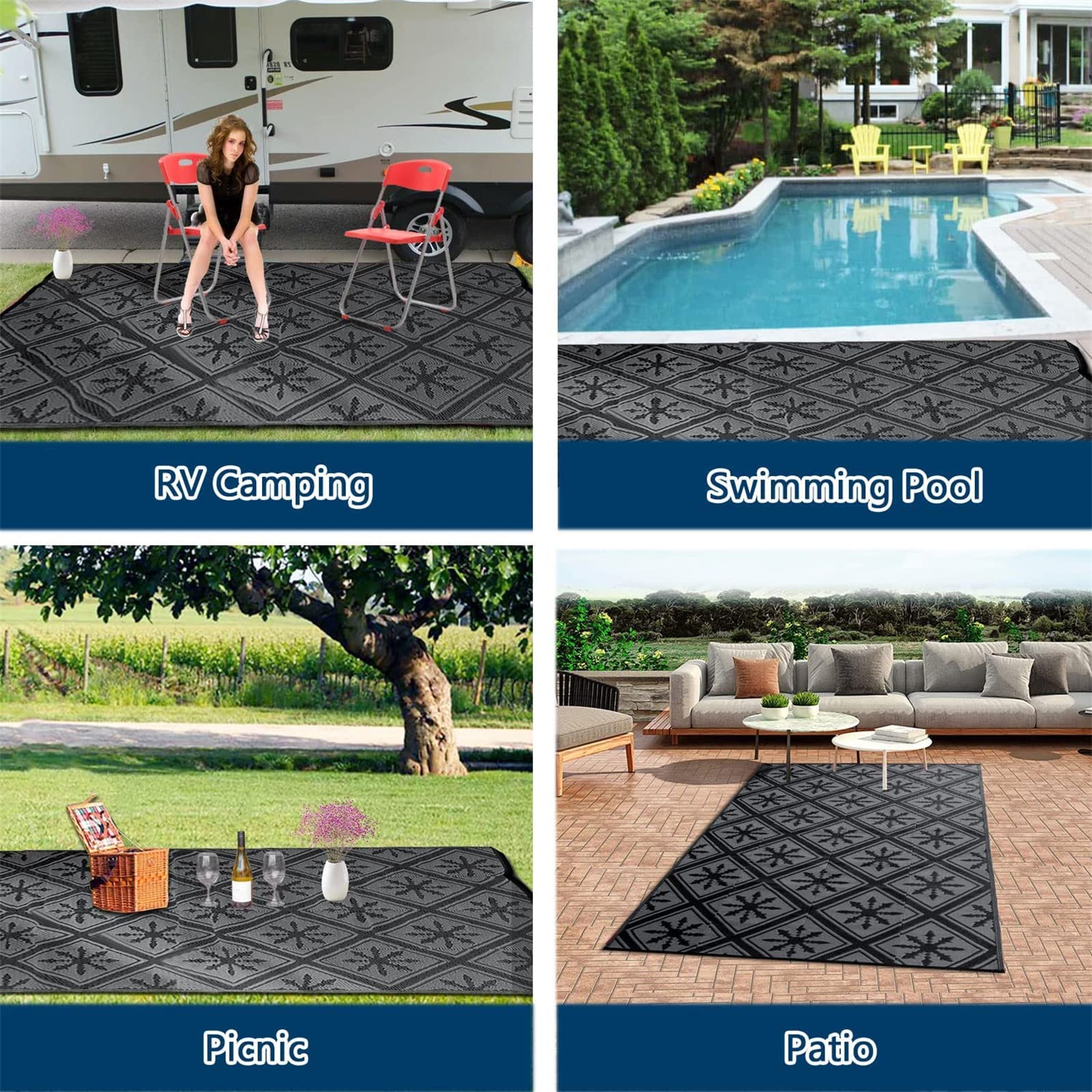 Enipate Outdoor Rugs for Patios Waterproof, 6x9ft Reversible Easy Cleaning Garden Rug, Portable Comfortable Woven Geometric Outdoor Carpet (Black &