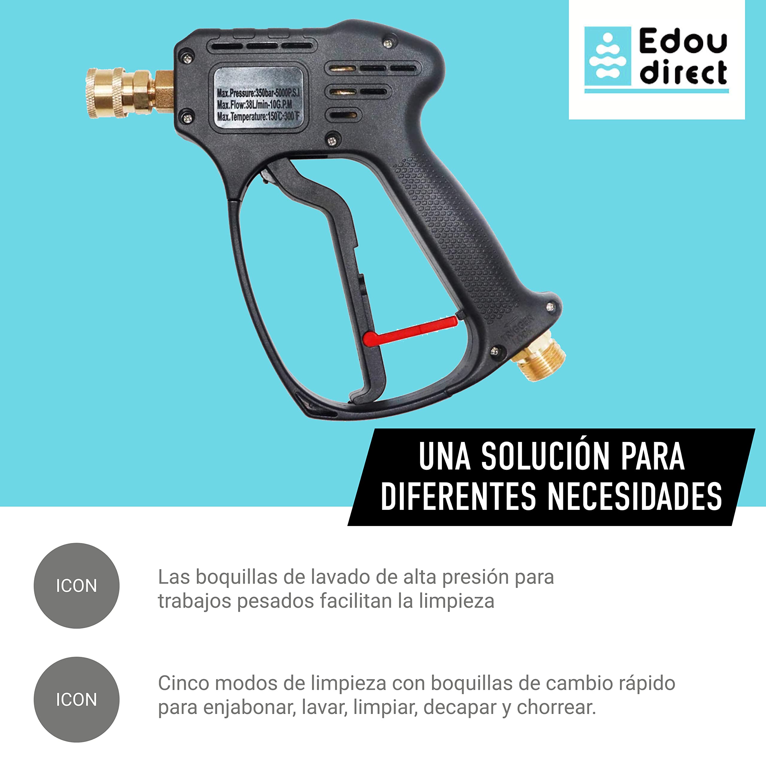 EDOU High Pressure Power Washer Short Gun Kit - Heavy Duty Brass and Stainless Steel - 5 Spray Nozzles, 3/8 Inch Quick Connector, 1/4 Inch