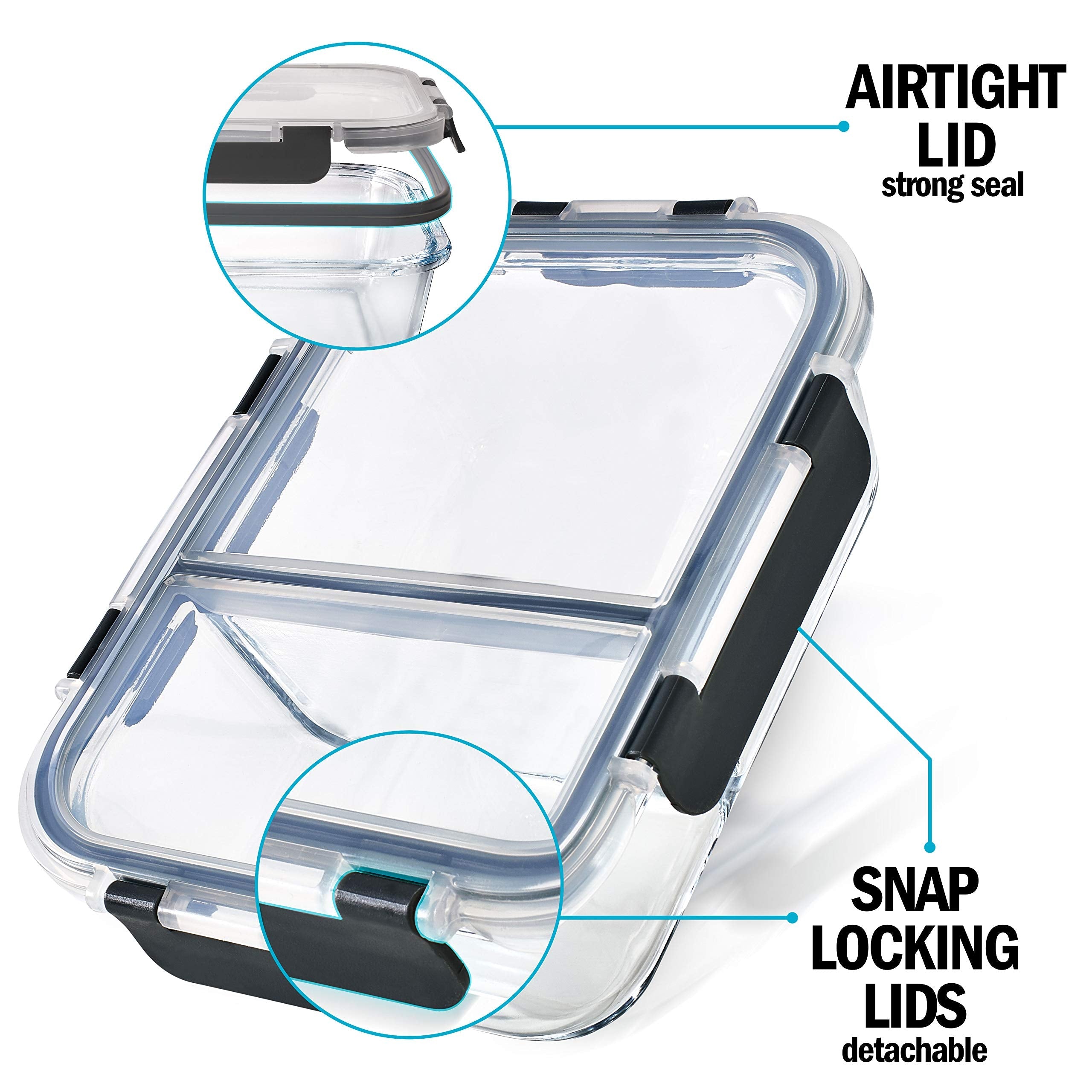 Igluu Meal Prep Glass 2 Compartment Container with Airtight SnapLock Lids - Portion Control Food Storage - BPA Free - Microwavable, Dishwasher,