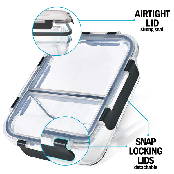 Igluu Meal Prep Glass 2 Compartment Container with Airtight SnapLock Lids - Portion Control Food Storage - BPA Free - Microwavable, Dishwasher,