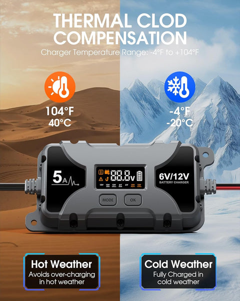 Powerextra 5A Car Battery Charger & Maintainer, 6V/12V Portable Smart Trickle Charger with LED Display & Repair Mode for Lead-Acid AGM Lithium Caravan Batteries