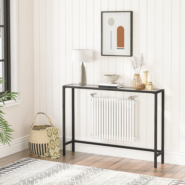 HOOBRO Black Console Table, Tempered Glass Sofa Table, Slim Hallway Table, Glass Console Table, 100 x 22 x 80 cm, Modern Display Table for Living