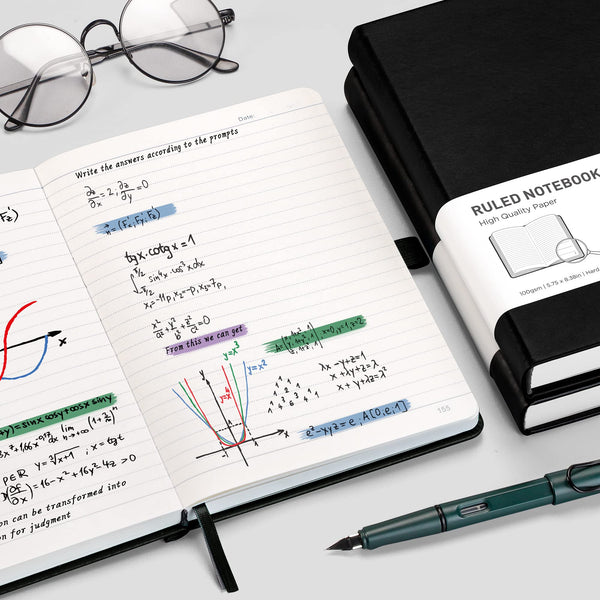 RETTACY Lined Journal Notebook - A5 Note Book Hardcover Thick Notepad 320 Numbered Pages for Writing,100gsm Lined Paper, Leather Hardcover, for Women Men Work Office School,14.5 x 21cm - Black