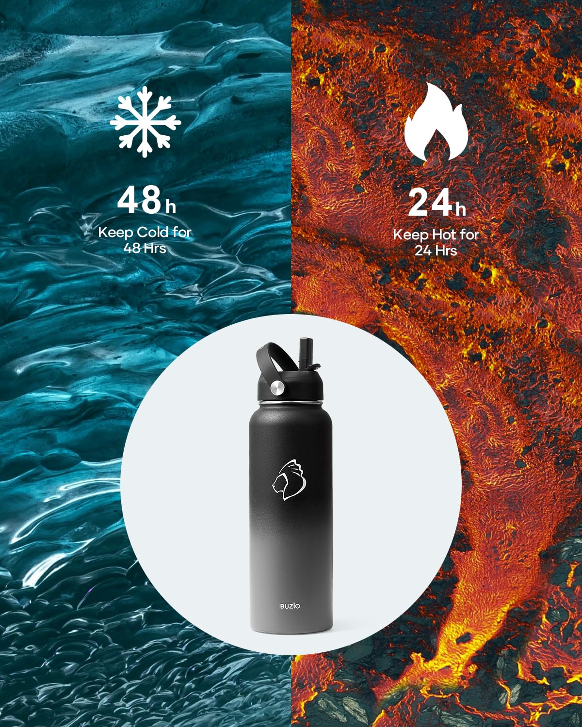 Stainless Steel Water Bottle 2L, BUZIO Vacuum Insulated Water Bottle with Straw Lid and Flex Cap Cold for 48 Hrs, Hot for 24 Hrs Double Wall Wide Mouth BPA Free Leak Proof, Black