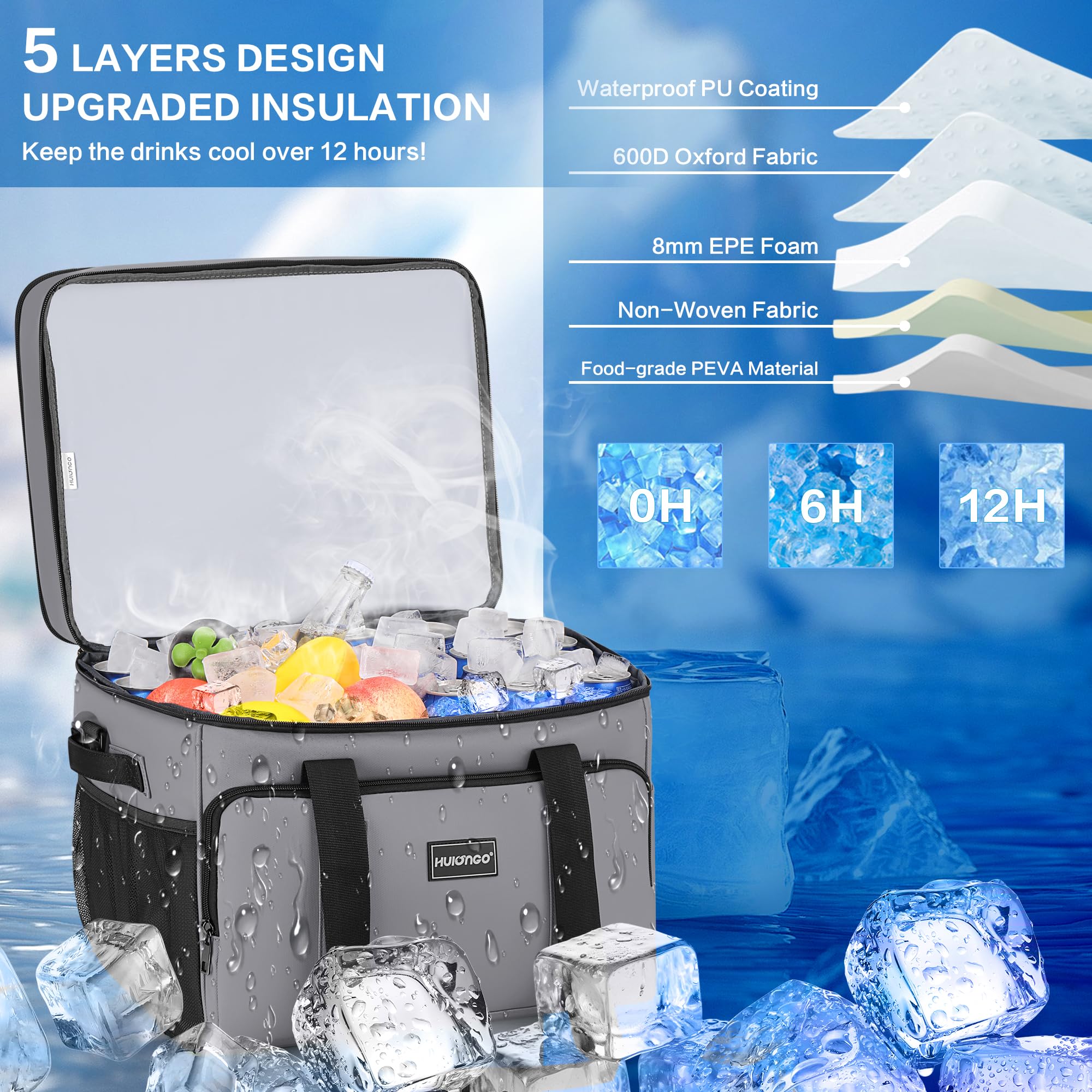 Hulongo Cool Bag Insulated Cooler Bag Waterproof Picnic Double Thermal Bag For Camping, Travel, Grocery Shopping & Fishing, 42L