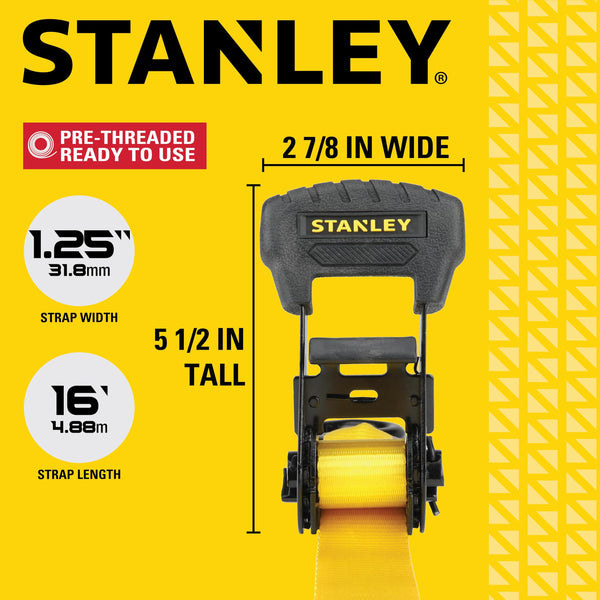 STANLEY S1007 Black/Yellow 1.5" x 16' Ratchet Tie Down Straps - 1,100 lb Safe Working Load / 3,300 lb Break Strength, 2 Pack