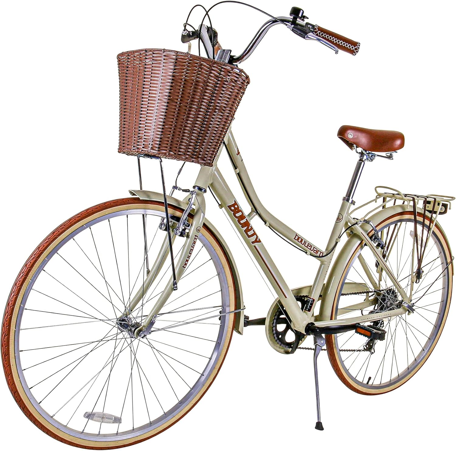 Bounty Boulevard Hybrid Bike - Classic Step-Through Frame with 6 Speed Shimano Gears, Sprung Saddle, Pannier Rack, and Front Basket - Formal Road Bike
