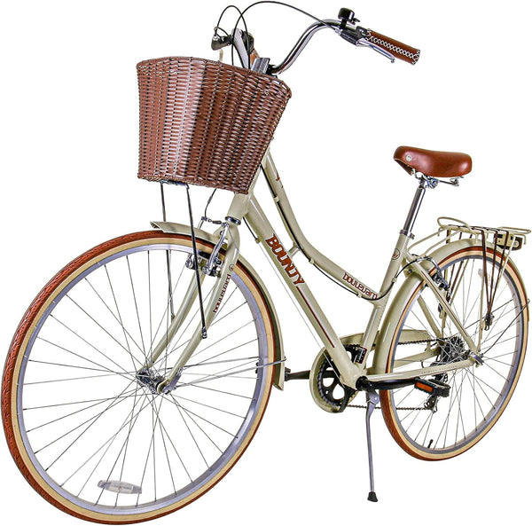 Bounty Boulevard Hybrid Bike - Classic Step-Through Frame with 6 Speed Shimano Gears, Sprung Saddle, Pannier Rack, and Front Basket - Formal Road Bike