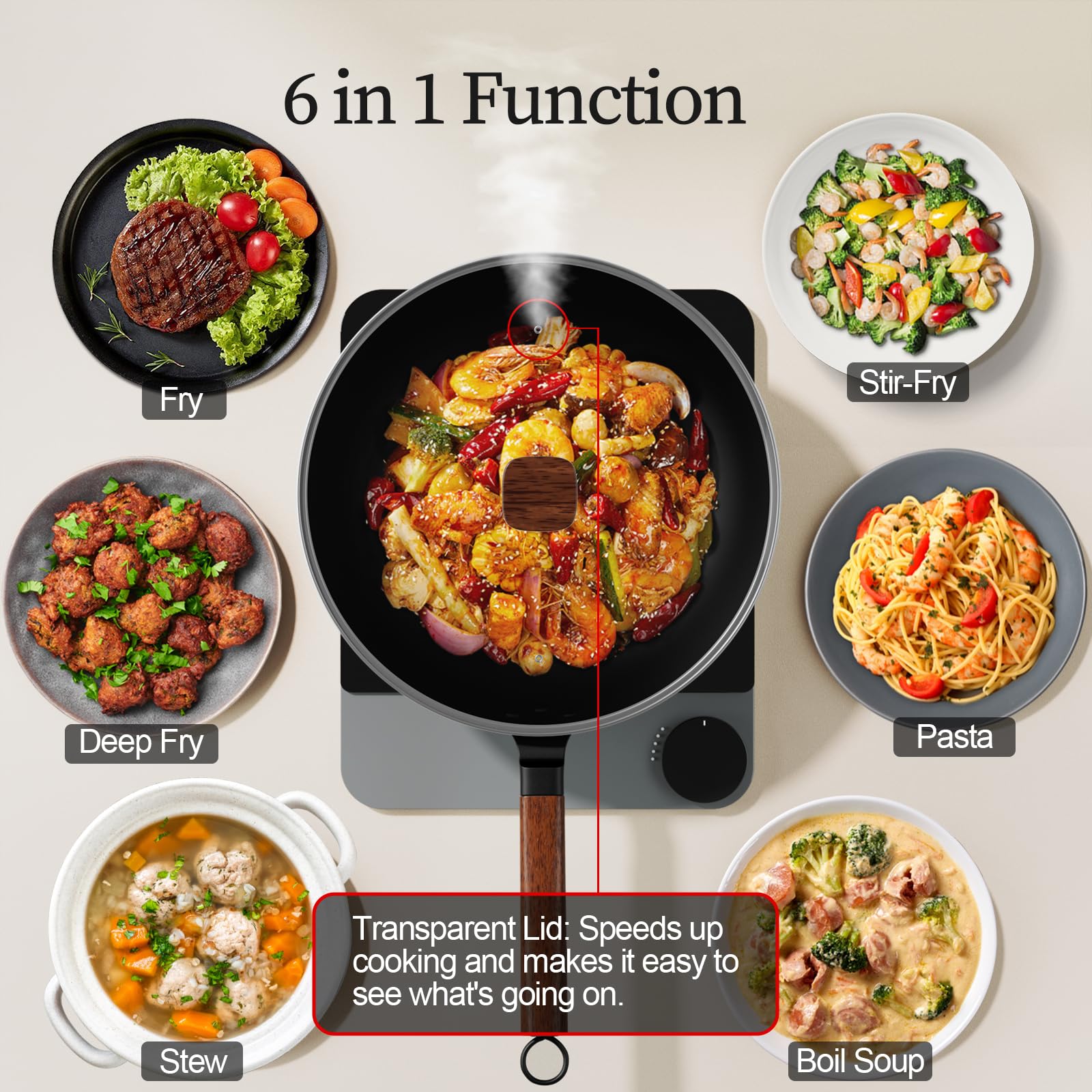 Jobin 13Inch/33cm Wok Non Stick with Lid Carbon Steel Wok and Large Capacity for Cook Asian Dishes for 4-6 People, Ideal for Induction, Gas, All Hobs