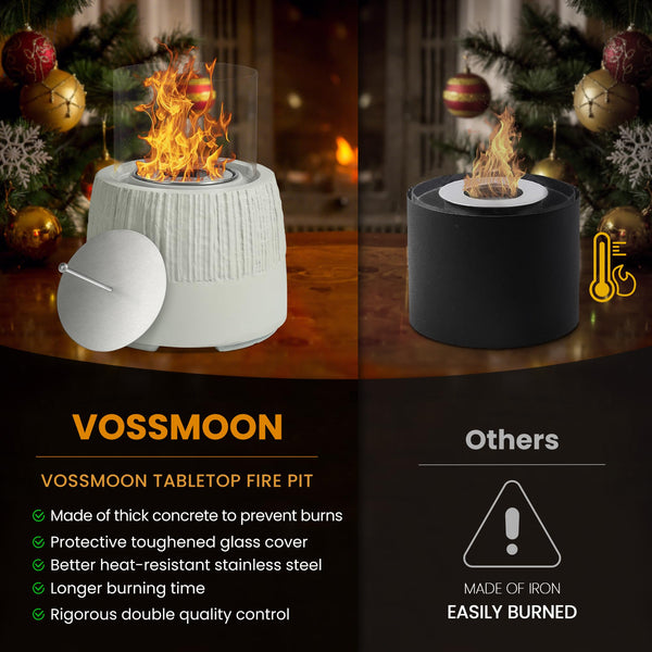VOSSMOON Tabletop Fire Pit, Bioethanol Table Top Fire Bowl, Portable Round Fireplace indoor or Outdoor, Concrete Table Top Patio Heater Ethanol Burner with Tempered Glass for Potluck or Camping, Black