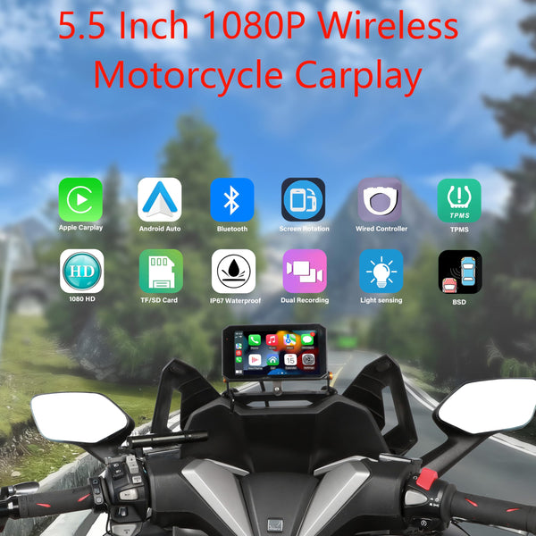 Motorcycle CarPlay Screen with 1080P Front and Rear Dash Cam,5.5" Wireless CarPlay & Android Auto GPS Navigation Touchscreen for Motorbike with BSD Radar Monitor,TPMS,IP67 Waterproof,Siri/Google