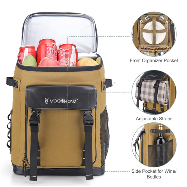 Vogshow Cooler Bag Picnic Backpack 30L Large Capacity Waterproof Cool Bag Rucksack Leakproof Insulated Backpack Cooler for Camping, Party, BBQ, Family