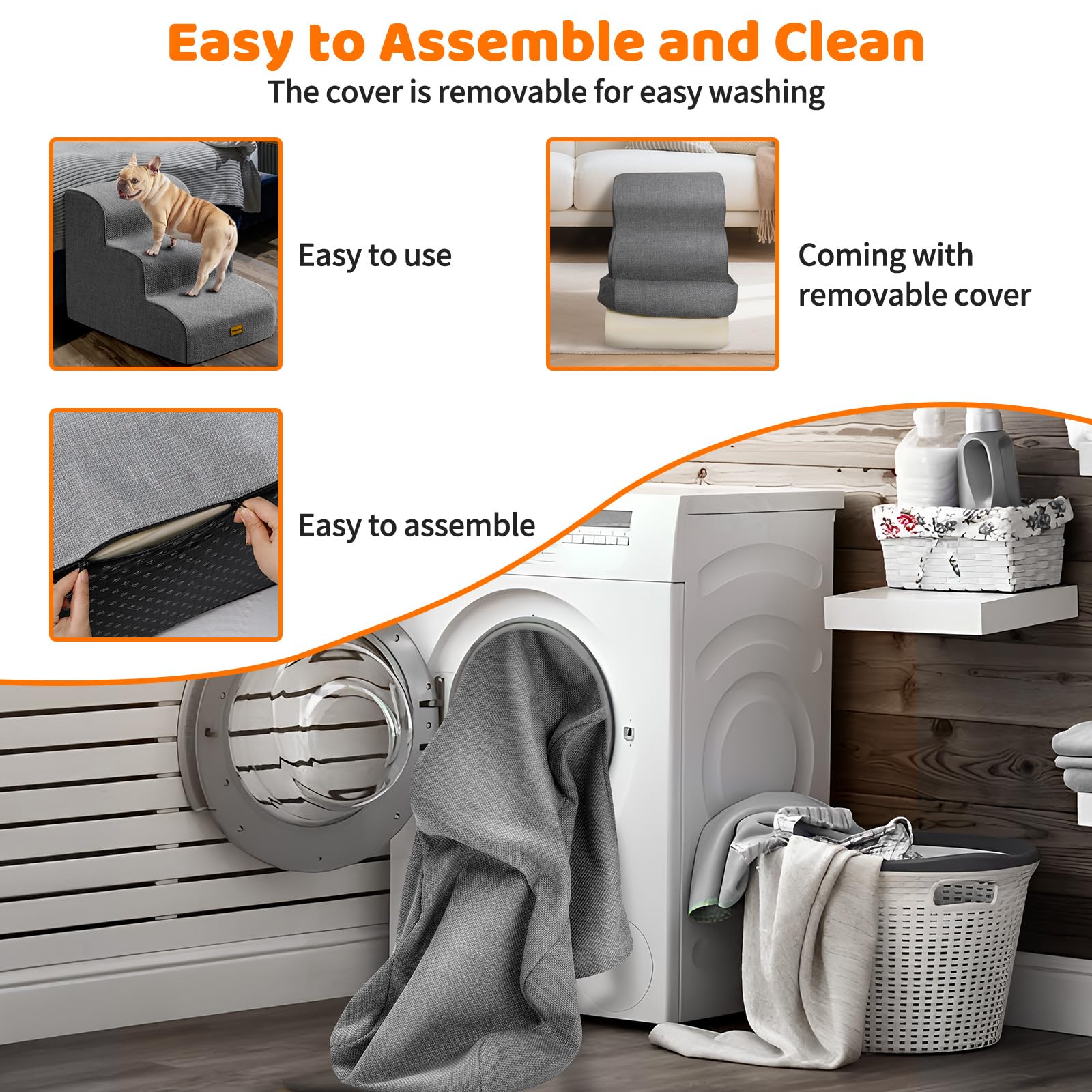 Gimars 30D High-Density Foam & Extra-Wide, Stable 3-Step Dog Stairs, 40cm High Pet Stairs with Washable Cover & Non-Slip Base, Portable Ramp for Small Dogs to Sofa, Bed, Couch, Car