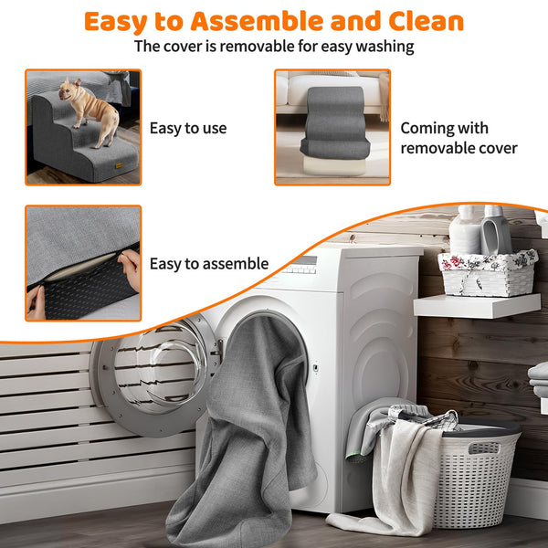 Gimars 30D High-Density Foam & Extra-Wide, Stable 3-Step Dog Stairs, 40cm High Pet Stairs with Washable Cover & Non-Slip Base, Portable Ramp for Small Dogs to Sofa, Bed, Couch, Car