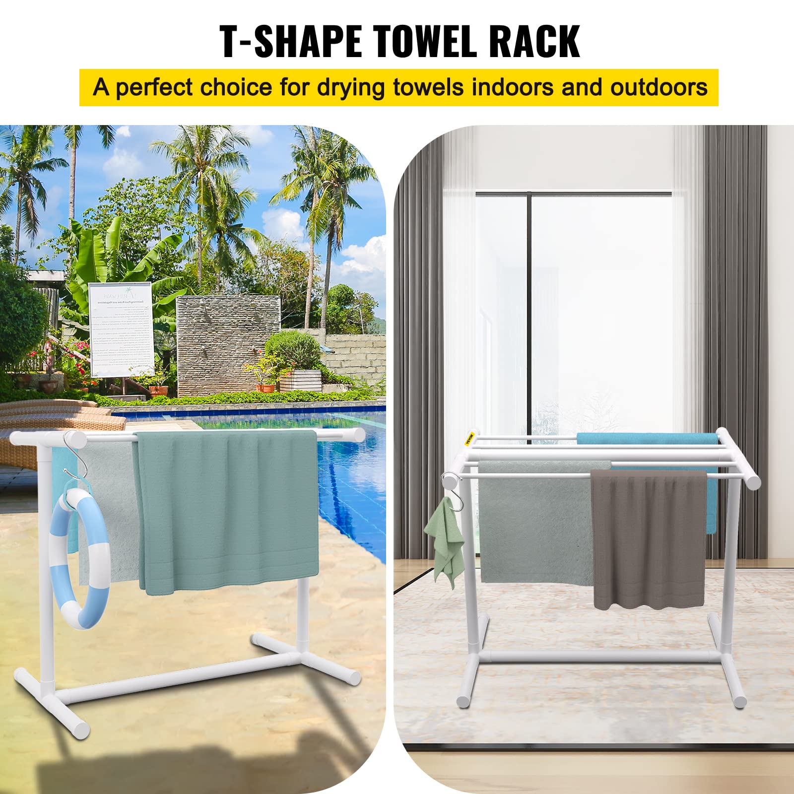 VEVOR Pool Towel Rack, 5 Bar, White, Freestanding Outdoor PVC T-Shape Poolside Storage Organizer, Include 8 Towel Clips, Mesh Bag, Hook, Also Stores