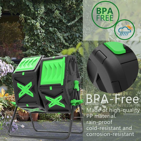 140L Dual Chamber Compost Bin Rotating Composter Tumbler with Easy-Turn, Fast-Working System for Garden, Black&Green