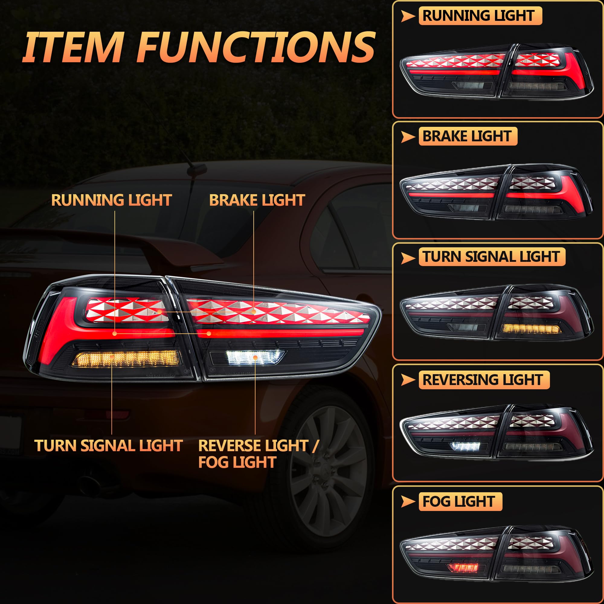 VLAND LED Rear Lights compatible with Lancer & EVO X 2008-2020 (Not Fit fortis/io), w/Sequential indicator, Driver & Passenger Side (Smoked dynamic 2)