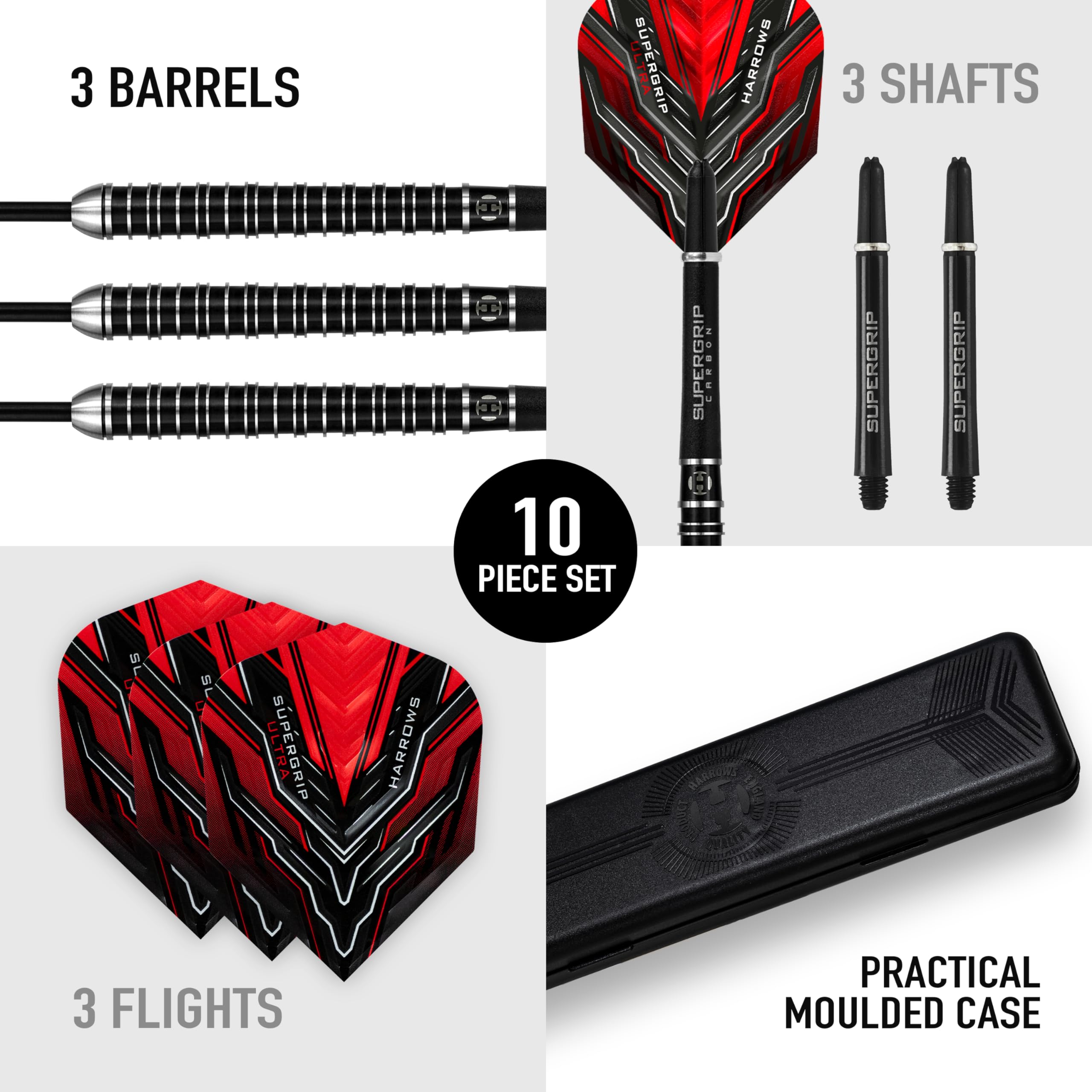 Harrows SUPERGRIP ULTRA 90% Tungsten Steel Tip Darts Set. Available in 21g, 22g, 23g, 24g, 25g, 26g, 28g & 30g - Includes Supergrip Carbon Shafts,