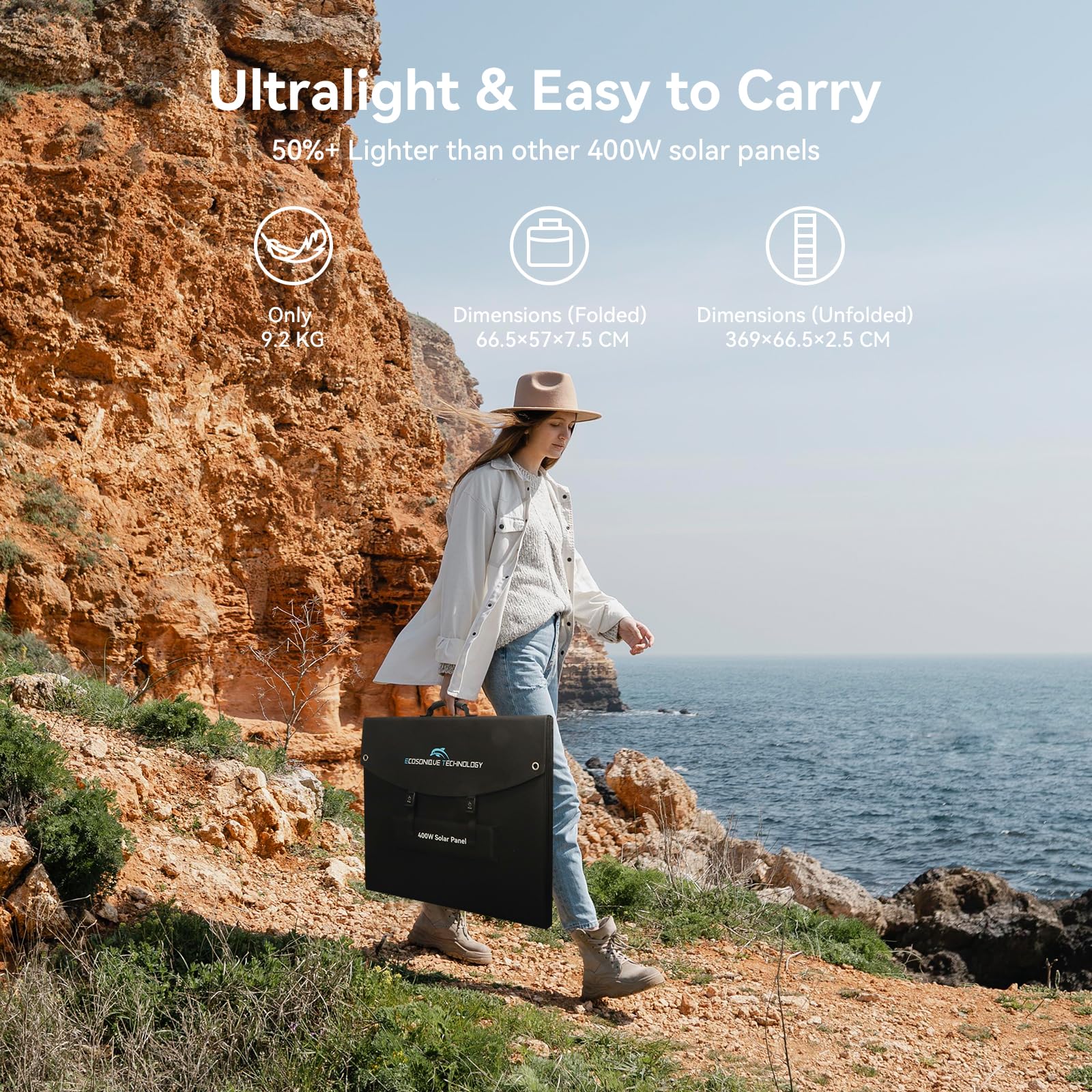 Ecosonique 100W Portable Foldable Solar Panels Charger Fast Charging with USB-C PD3.0 USB-A QC3.0 DC 20V Lightweight with Kickstand for Camping Power Station Solar Generators Cell Phones Power Banks