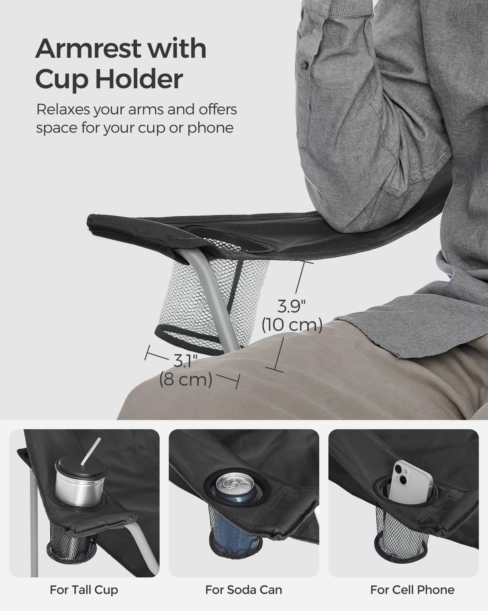 SONGMICS Set of 2 Folding Chairs, Camping Chairs, Comfortable Heavy Duty Structure, Max. Load 150 kg, with Drink Holder, Outdoor Chair